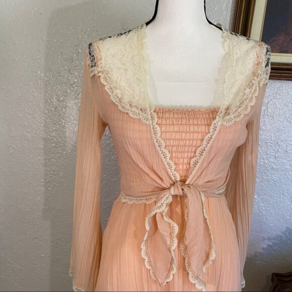 Vintage Pink Smocked Open Back Dress w/Lace Cover-Up